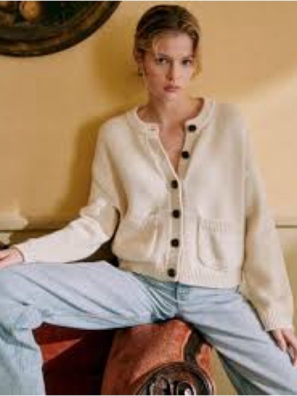 Sezane Cream Button-Front Cropped Cardigan